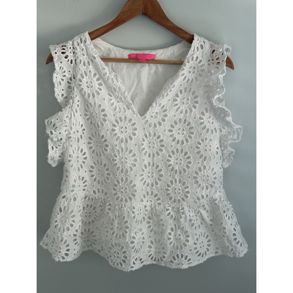 Lilly Pulitzer Jerilynn Flutter Sleeve Eyelet Top Blouse White Size 8